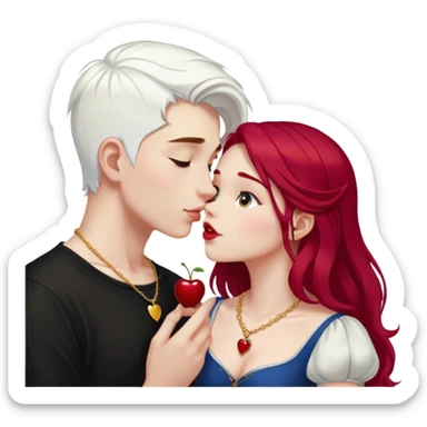 20 year old couple, boy with SHORT SNOW WHITE HAIR (completely WHITE), dark shirt, girl with long cherry red hair, light clothes, gold necklace, kissing sticker