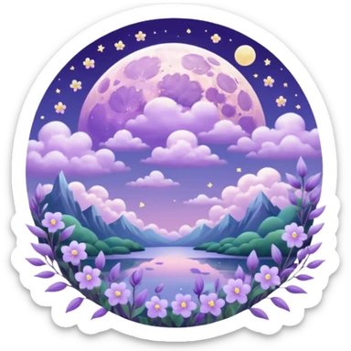 Beautiful poetic ethereal romantic magical aesthetic shiny pretty floating pastel lilac lavender Violet full moon and flowers and leaves aesthetic pastel clouds scenery  sticker