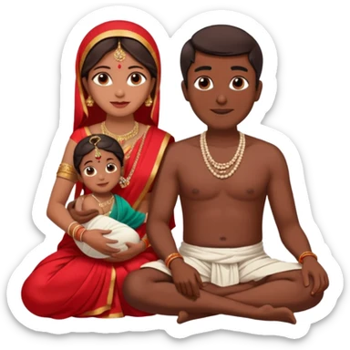 an indian bride sitting on her fathers lap. father is wearing a dhoti, shirtless and sitting on a chai sticker