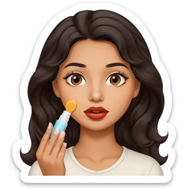 A gorgeous with black wavy hair women applying cute thin lipbalm on her brown lips sticker