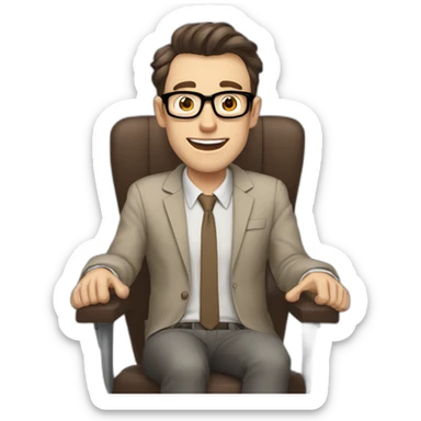 Joyful Pale skinned Fit Man With dark brown hair in gray jacket, beige office shirt, Brown pants and vintage glasses sitting In a soft chair. His thrumbs up sticker