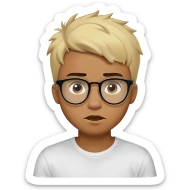 Teenager. Short buzz, messy blonde hair. Dark brown bushy eyebrows large expressive golden-brown eyes, brown skin color, scar over nose, wearing a plain white t-shirt. wearing clear thick black glasses. 20 year old male. wacky facial expression. brown skin color.  sticker
