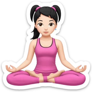 Una chica blanca con pelo negro recogido en una coleta haciendo yoga con un traje rosa  sticker