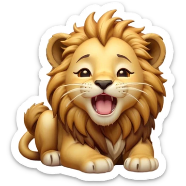 Cinematic Cute Yawning Lion Cub Portrait Emoji, Head tilted slightly with a dramatic, wide-open yawn, showcasing a soft, downy tawny Fur with a majestic mane, floppy ears slightly drooping, round amber eyes barely open in drowsy contentment, Simplified yet irresistibly adorable features, highly detailed, glowing with a soft, cozy glow, high shine, relaxed yet expressive, stylized with a touch of savannah whimsy, bright and endearing, soft glowing outline, capturing the essence of a sleepy yet affectionate Lion Cub, so drowsy it feels like it could stretch out of the screen and curl up for a nap! sticker