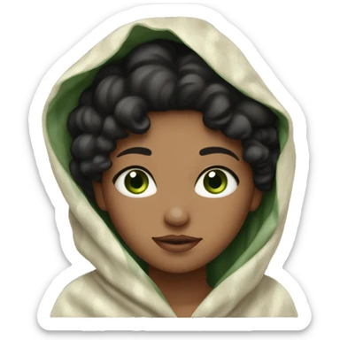 A black-haired girl with green eyes and freckles wrapped herself in a beige blanket sticker
