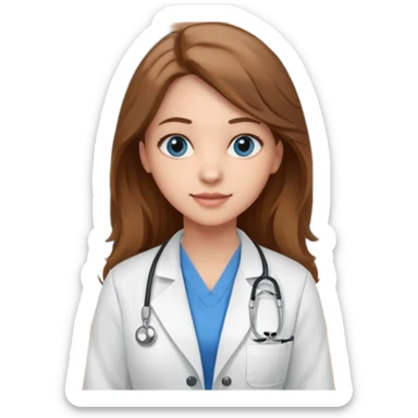 university classroom that says nursing school on the blackboard with a pretty female nursing student with long brown hair, blue eyes sticker