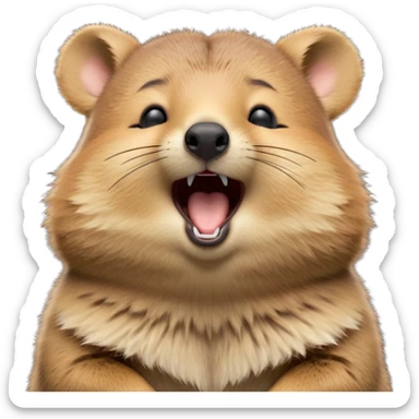 cinematic-realistic  yawning quokka-emoji,-small-round-frame, head tilted in an endearing manner, wouth wide open yawning, sleepy comical smile, fluffy cheeks, giant-fluffy-cheeks-large-smile-fluffy-brown-fur-radiating-a-warm-softness,-big-round-eyes-filled-with-joy, realistic round  fluffy zoomed in, large black eyes one paw raised in the air sticker