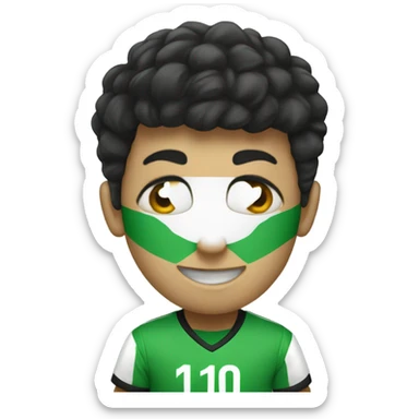 A soccer player with a green shirt with white skin olor with black hair and a number 10 in his green shirt smilijg  sticker