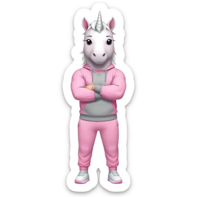 friendly anthropomorphised male white unicorn with a fit, chunky, muscular and strong physique, arms and legs matching the white of the head, wearing grey tracksuit pants and pink jumper, sunglasses, standing with arms folded sticker