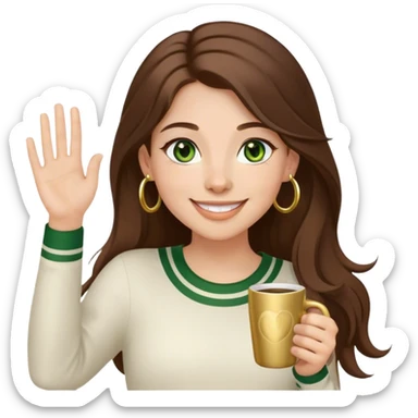 Long, Brown haired girl with middle hair part, green eyes, gold hoop nose ring, smiling, waving with one hand, coffee mug in the other sticker