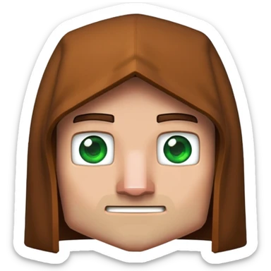 Pixel art 2D emoji of a Minecraft villager face, with brown hood, big nose, green eyes, and blocky edges in Minecraft style sticker