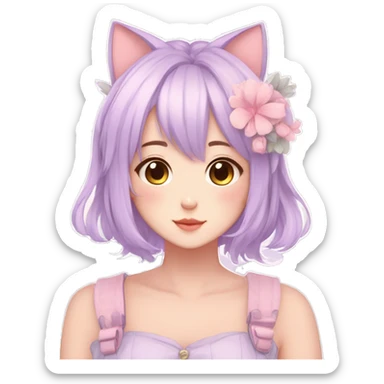 Gorgeous pastel anime girl with blushing face and hair garnitures and pretty hair and cat ears aesthetic trending style sticker