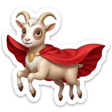 side view of white female goat wearing a read cape like superman sticker