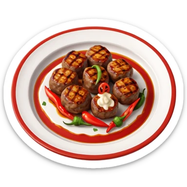 Akçaabat meatballs object icon, grilled Turkish kofte pieces on a plate, smoky char marks, juicy texture, served with grilled peppers and tomatoes, 3D cartoon, mobile game icon style, centered, clean background, no text, no watermark
 sticker
