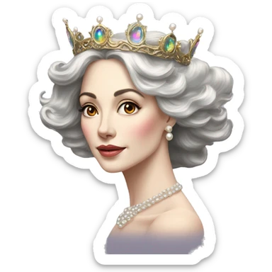 Regal pretty slender middle age woman photograph defined cheekbones high cheekbones crown vintage with very long iridescent black and silver hair wavy long hair pearl crown iridescent sticker