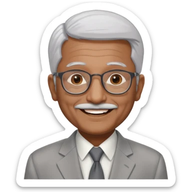 70 yr old indian man, short straight white hair brushed foreward , light grey business suit, big smile, dark brown skin, no moustache, dark brown eyes, glasses
 sticker