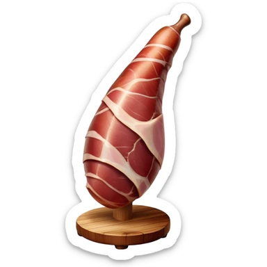 _cinematic-realistic-spanish-ham-leg,-depicted-as-a-massive,-cured-leg-of-jamón-serrano-(ham)-with-a-deep-reddish-brown-hue,-intricately-marbled-and-slightly-glossy-with-age,-elegantly-displayed-on-a-rustic-wooden-stand-and-bathed-in-warm sticker