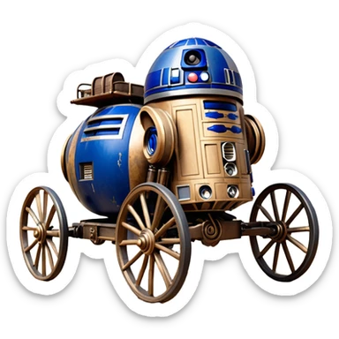 Old American West tarnished R2D2 bounty policeman in 1854 delicately ornate rosegold accents painted buggy buckboard wagon powered by electric motors and batteries with safety features and belts flying rapidly across rough dusty terrain stable on strong agile futuresteampunk suspension and steering  sticker