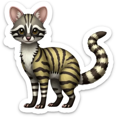 Feral Rare Fantasy shaded detailed colorful Genet-Trico-Civet-Cacomistle-Margay-species by LiLaiRa,, with white stripes with dark-blackish points, white belly, random markings, tufted tail, tufted ears, full body sticker