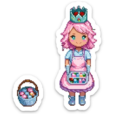 A playful baker in a pastel-pink candy lab. Walls of bubblegum bricks, frosting-covered counters, and a cupcake-shaped oven. The baker wears a gummy bear-studded apron, marshmallow gloves, and a rock candy crown. UI elements look like melting lollipops, candy cane sliders, and syrupy transitions. sticker