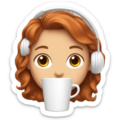 a girl with short, wavy copper hair, holding a coffee in her hand and wearing white earphones sticker