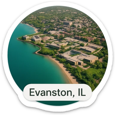 cinematic realistic emoji of Evanston, Illinois, showing a large Lake Michigan shoreline and the Northwestern University campus clearly visible, lifelike detail, accurate colors, bright daytime, no sky, no clouds sticker