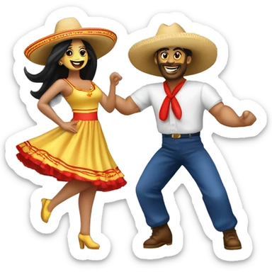 pareja de hombre y mujer bailando danza folcórica chilena llamada cueca. El hombre usa sombrero de huaso y la mujer usa vestido  sticker