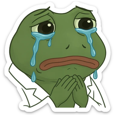 Add visible tears to the bufo frog doctor with a white coat, teary sad eyes, direct gaze, no background. Maintain the bufo frog style and emphasize the tears and sadness in the eyes clearly. sticker