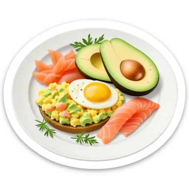 Breakfast plate with avocado, scrambled-eggs and smoked salmon sticker