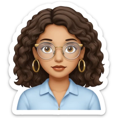 Make a girl with dark brown wavy hair and brown eyes she's tan latina and she has clear glasses and small hold hoop earings sticker