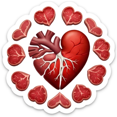 Several cuts of steak, beef, and liver arranged in a circle around a pulsing heart and bright red blood cells. Red energy flows from the meat into the blood cells, which then carry oxygen to the heart and muscles, representing iron's role in energy production. sticker