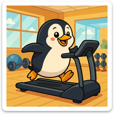 A penguin running on the treadmill sticker