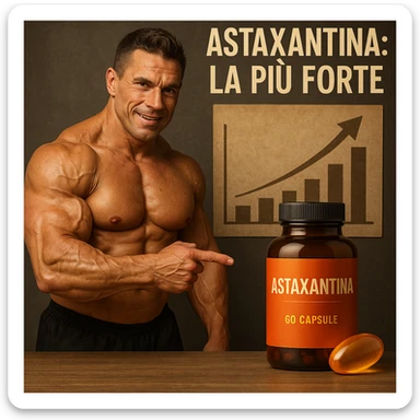 hyper realistic bodybuilder pointing at Astaxantina bottle in front of chart, sculpted muscles, orange and golden capsule next to it, text 'Astaxantina: la più forte', motivational atmosphere sticker