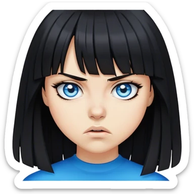 Girl angry wearing black with black medium length hair with bangs and blue eyes sticker