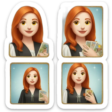 redhead white woman medium long straight hair, celebrating graduation with tarot cards sticker