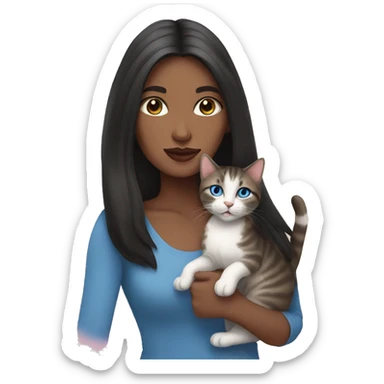 Woman with dark long hair, pink lips and blue eyes holding a tabby cat  sticker