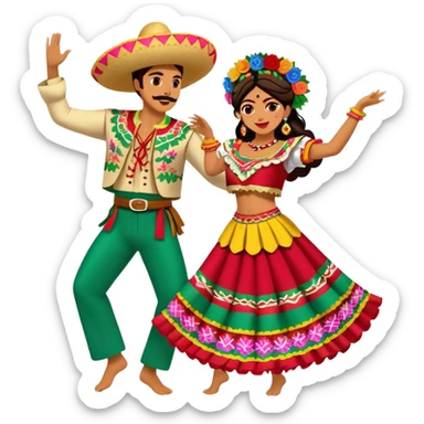 Cinematic Realistic scene of two performers dancing the Jarabe Tapatío, dressed in colorful traditional Mexican costumes with intricate embroidery, captured in energetic, festive motion with vibrant, celebratory lighting sticker
