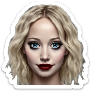 Mega Jennifer Lawrence in Harley Quinn style, oil paint, mysterious eyes, intricate lips, masterpiece portrait, odd perspective, beautiful, desirable, logical sticker