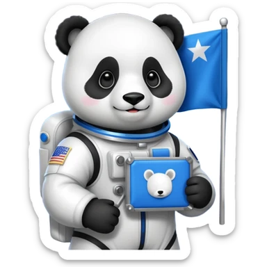 a panda in space suit, holding blue rectangle flag sticker