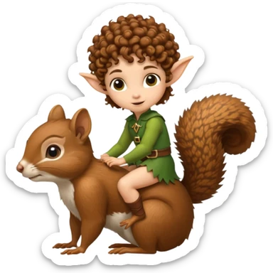 tiny forest elf short tight curly brown hair riding squirrel sticker