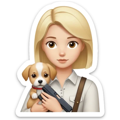 Blonde girl with brown eyes holding a glock and a puppy sticker