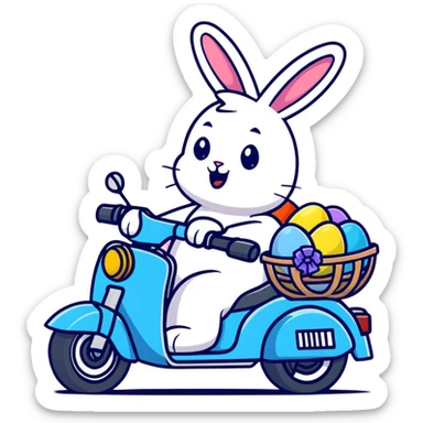 Easter bunny riding a BMW boxer motorcycle with trees and grass in the background, colorful Easter eggs hidden in the grass, and more bunnies watching from the side of the road sticker