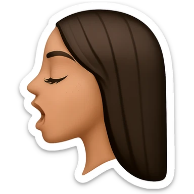 Create a side view (profile) of this woman's head in the normal iPhone emoji style, with closed eyes, long eyelashes, an open mouth, smooth shading, no outlines, and long dark hair. This is variant 3. The style should mimic the iPhone emoji style with smooth shading and no outlines. sticker