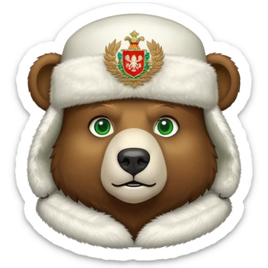 Bear head only, brown fur and green eyes, white ushanka hat with extremely accurate Russian Federation coat of arms with all correct elements and colors, iOS emoji style sticker