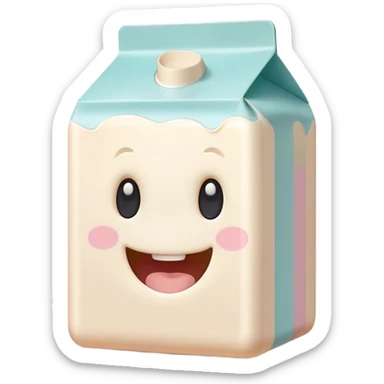 Cinematic adorable milk carton, soft pastel colors, tiny rounded edges, chubby smiling face, warm glowing highlights, gently tilting in a playful pose. sticker