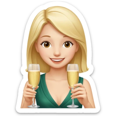 A shy young woman gently takes her first small sip of champagne, smiling with excitement. sticker