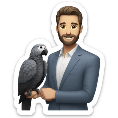 White Man with dark brown pompadour hair and dark brown short beard riding on top of a giant african grey bird sticker