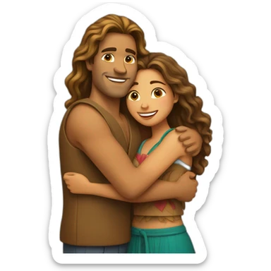 Hug between a polynesian guy with straight hair and a long curly light brown hair woman sticker