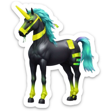 .Zombie_ Vaporwave black holographic oilslick zombie unicorn yellow caution tape graffiti Pegasus with  prosthetic leg  sticker