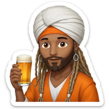 Brownskin man with long dreadlocks add a white turban on his head orange shirt drinking bear sticker